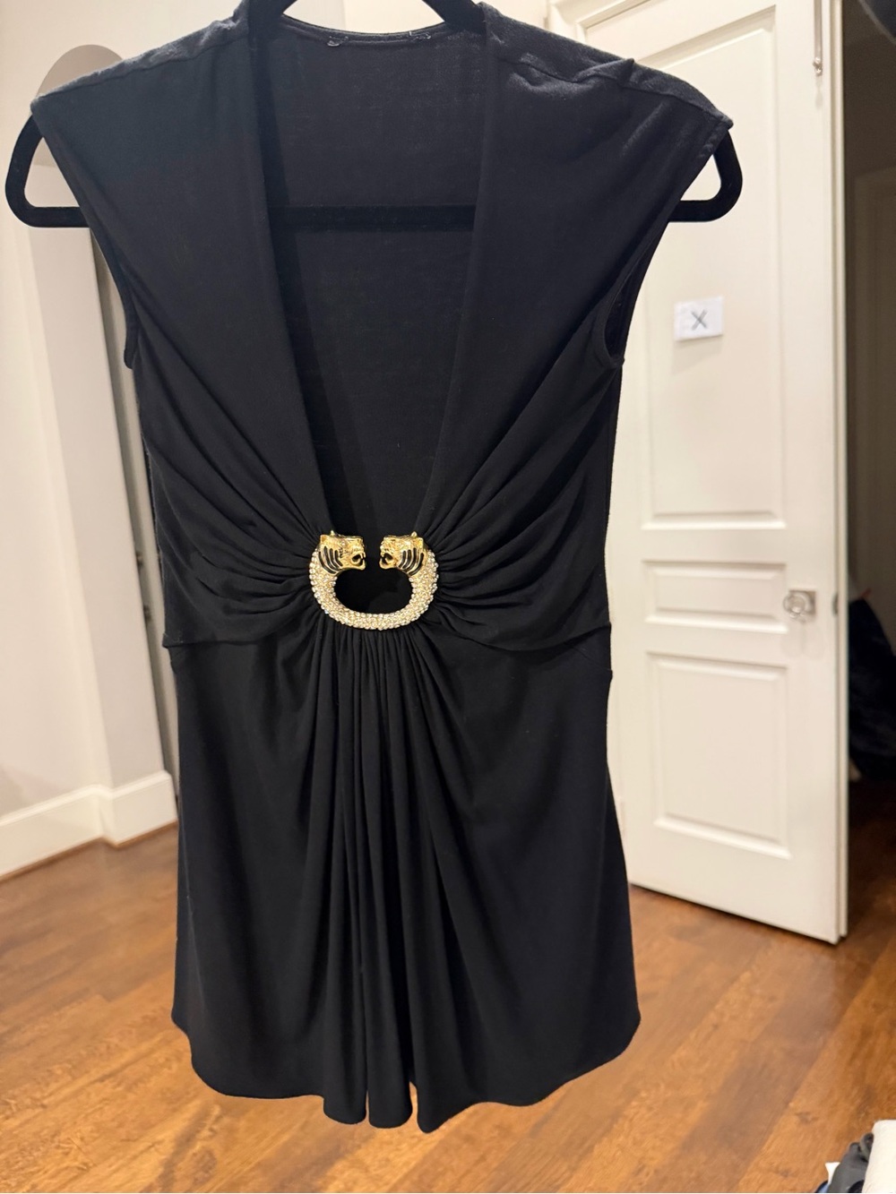 Roberto Cavalli Black Backless Draped Top with Gold Medallion